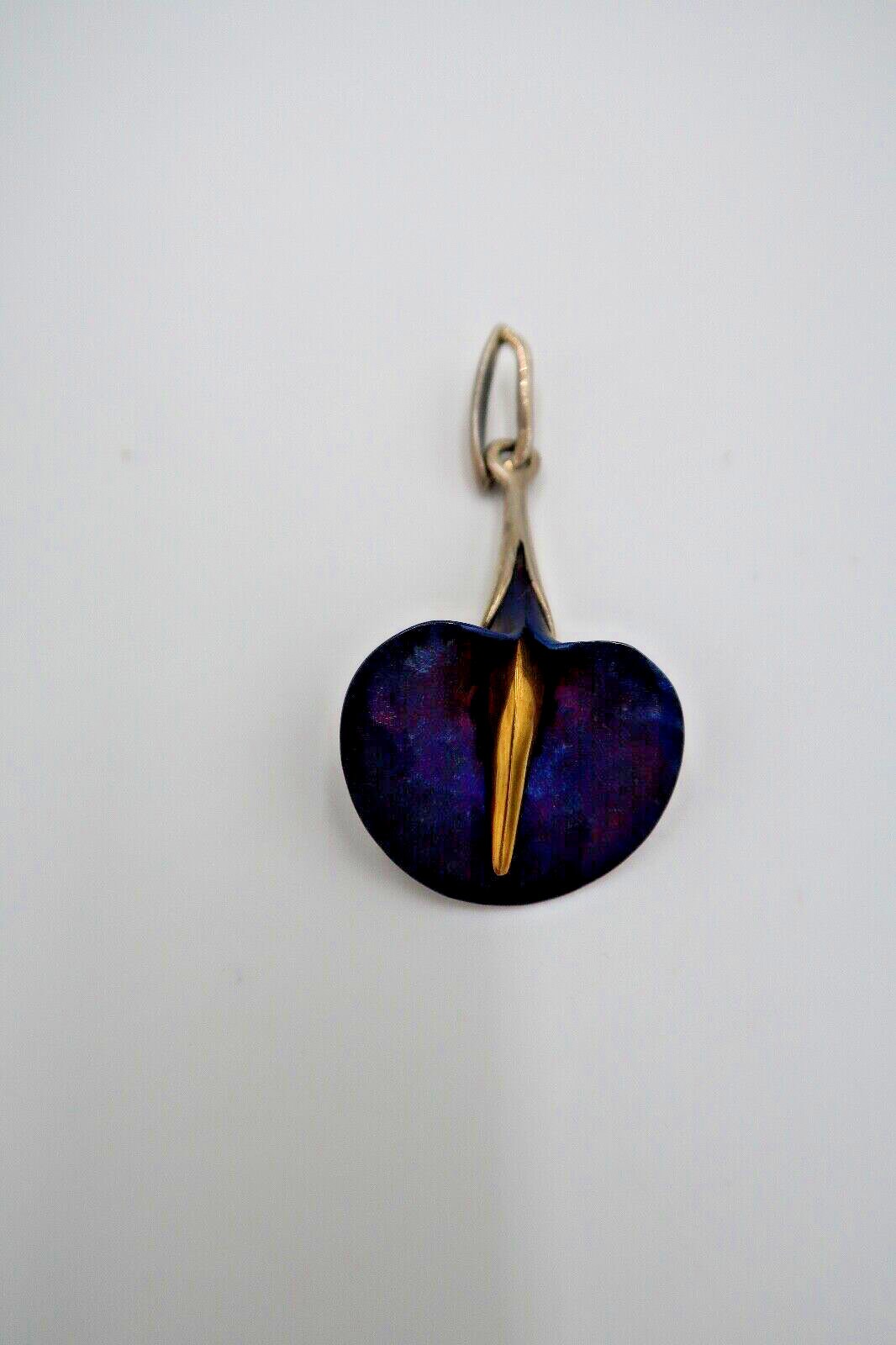 t325 Blue Lily Pendant in Sterling Silver, Titanium and 24k Gold Plating