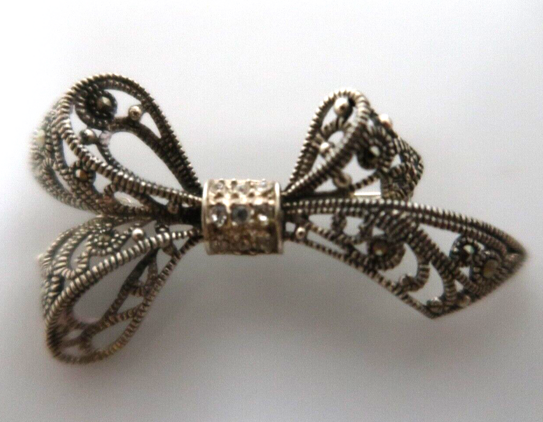 t437 Sterling Silver Marcasite Brooch filigree Brooch , Bow Brooch Silver
