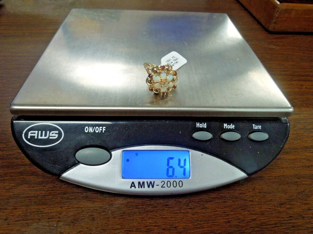 r173 14kt Yellow Gold Diamond Opal Garnet Tri Gemstone Ring Size 5(USA) 6.4g Signed