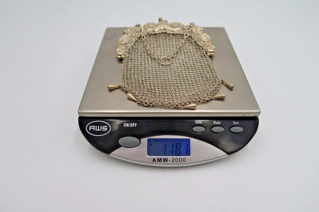 t328 Vintage Sterling Silver W&L Metal Handbag, Silver Chainmaille Handheld Wris