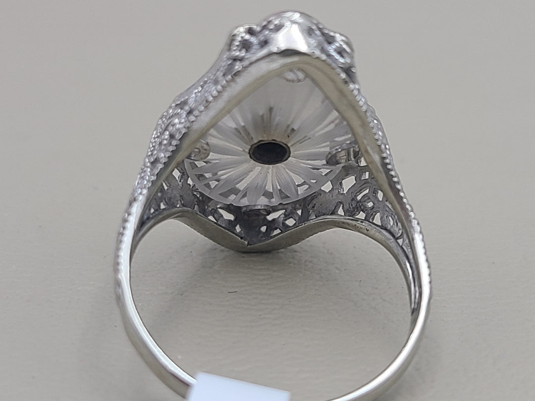 k837 Pretty Antique Ladies 14kt White Gold Camphor Glass Filigree Ring