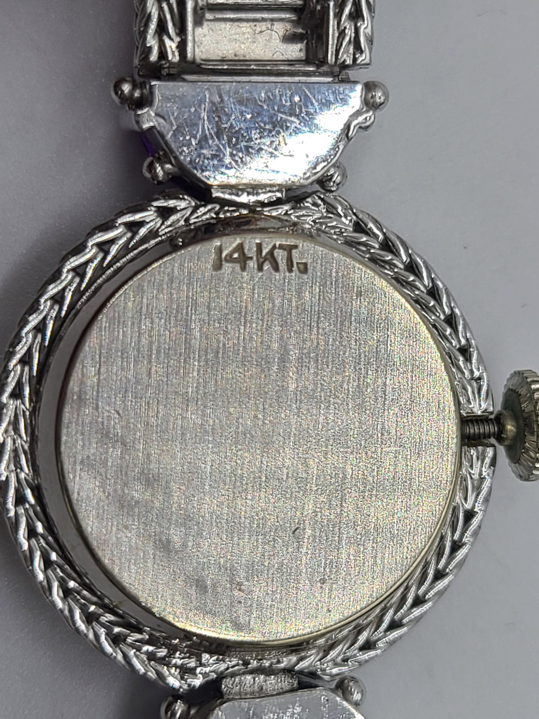 k799 Stunning Ladies Vintage 14kt White Gold Diamond and Amethyst Mechanical Wristwatch