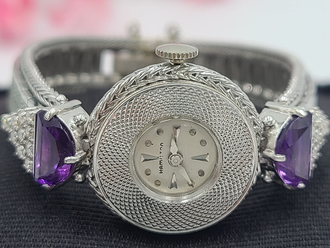 k799 Stunning Ladies Vintage 14kt White Gold Diamond and Amethyst Mechanical Wristwatch