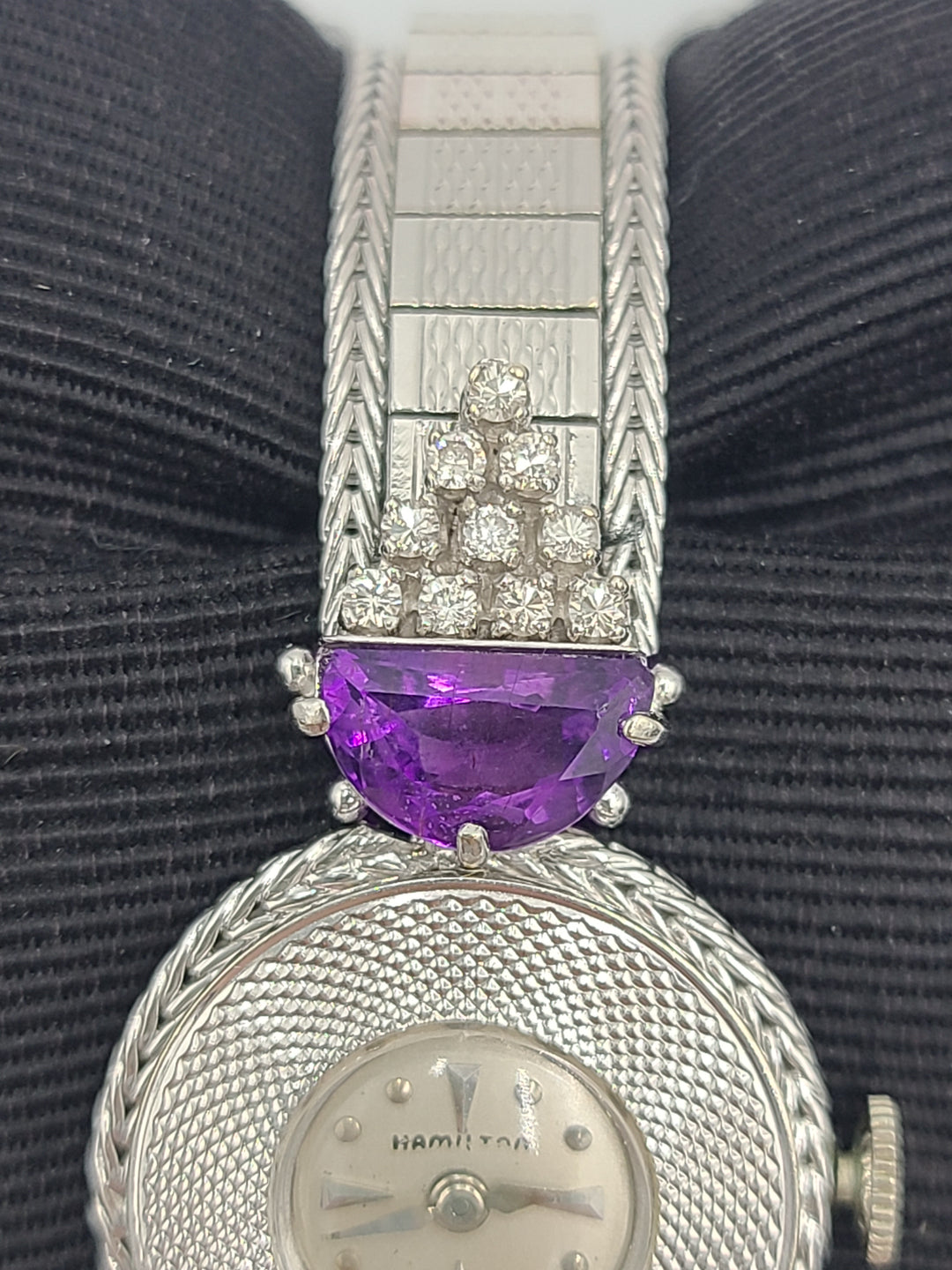 k799 Stunning Ladies Vintage 14kt White Gold Diamond and Amethyst Mechanical Wristwatch
