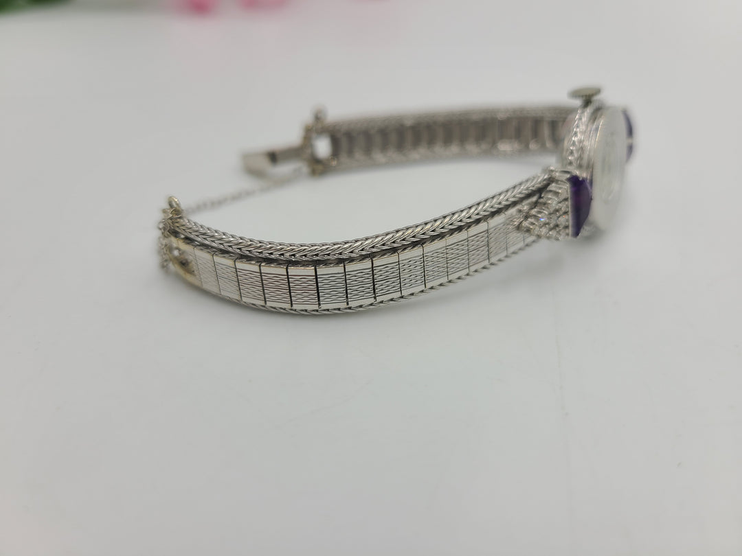 k799 Stunning Ladies Vintage 14kt White Gold Diamond and Amethyst Mechanical Wristwatch