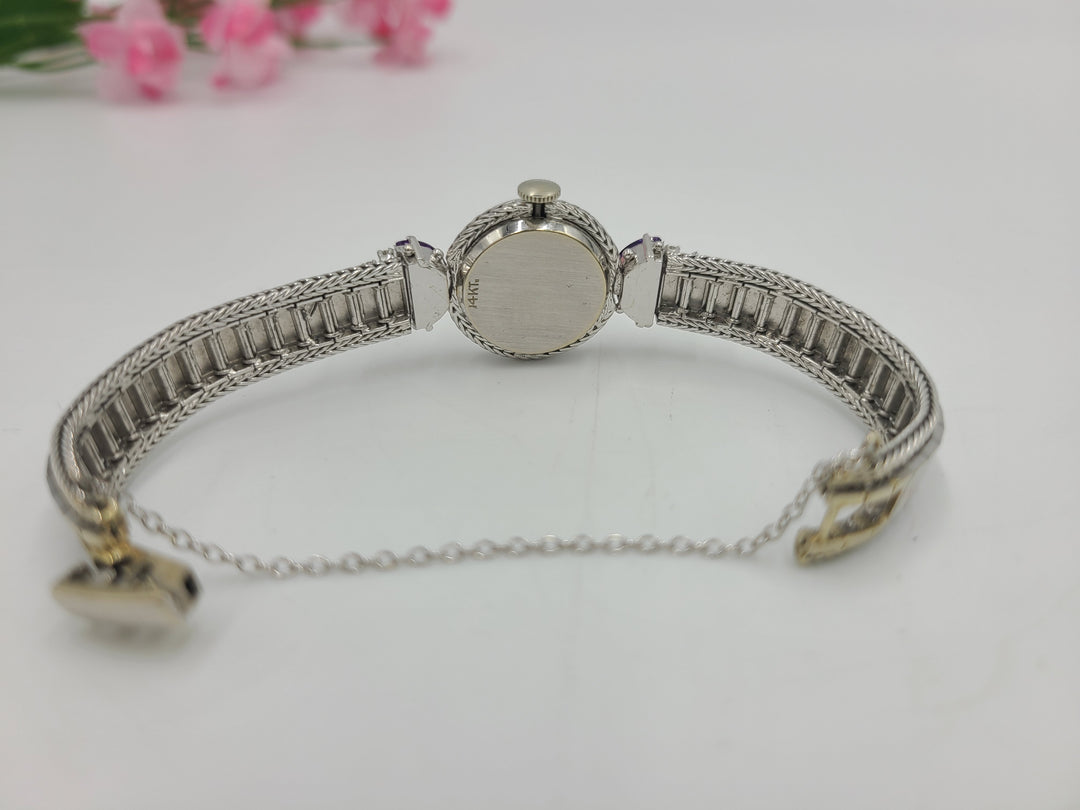 k799 Stunning Ladies Vintage 14kt White Gold Diamond and Amethyst Mechanical Wristwatch