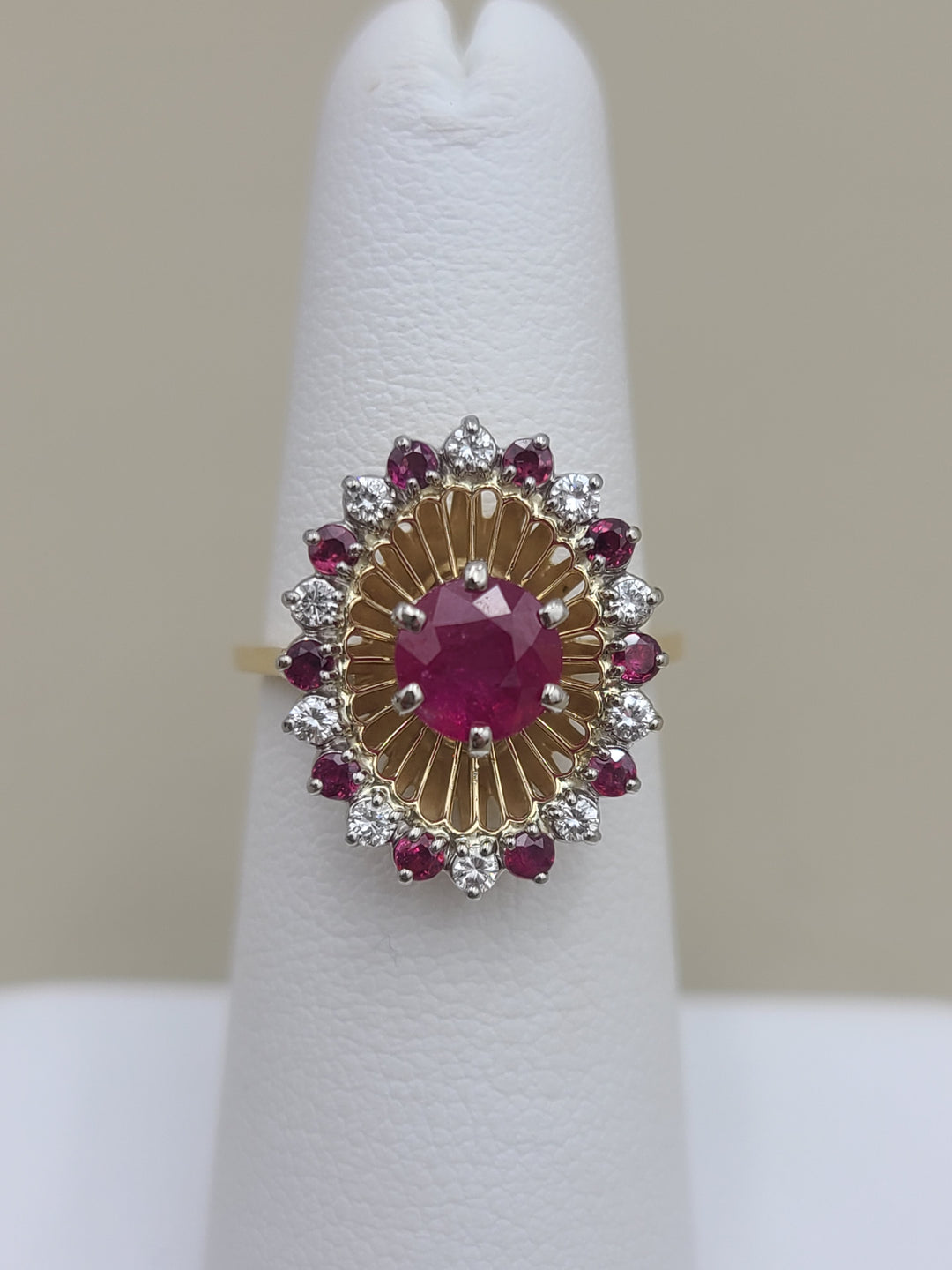 k906 Stunning 18kt Yellow Gold Ruby and Diamond Halo Style Ring