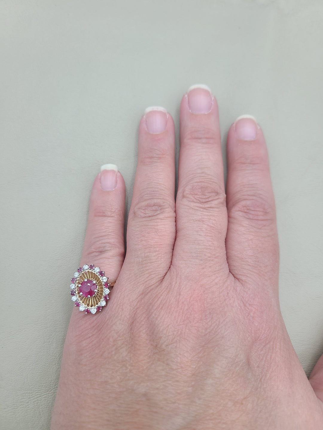 k906 Stunning 18kt Yellow Gold Ruby and Diamond Halo Style Ring