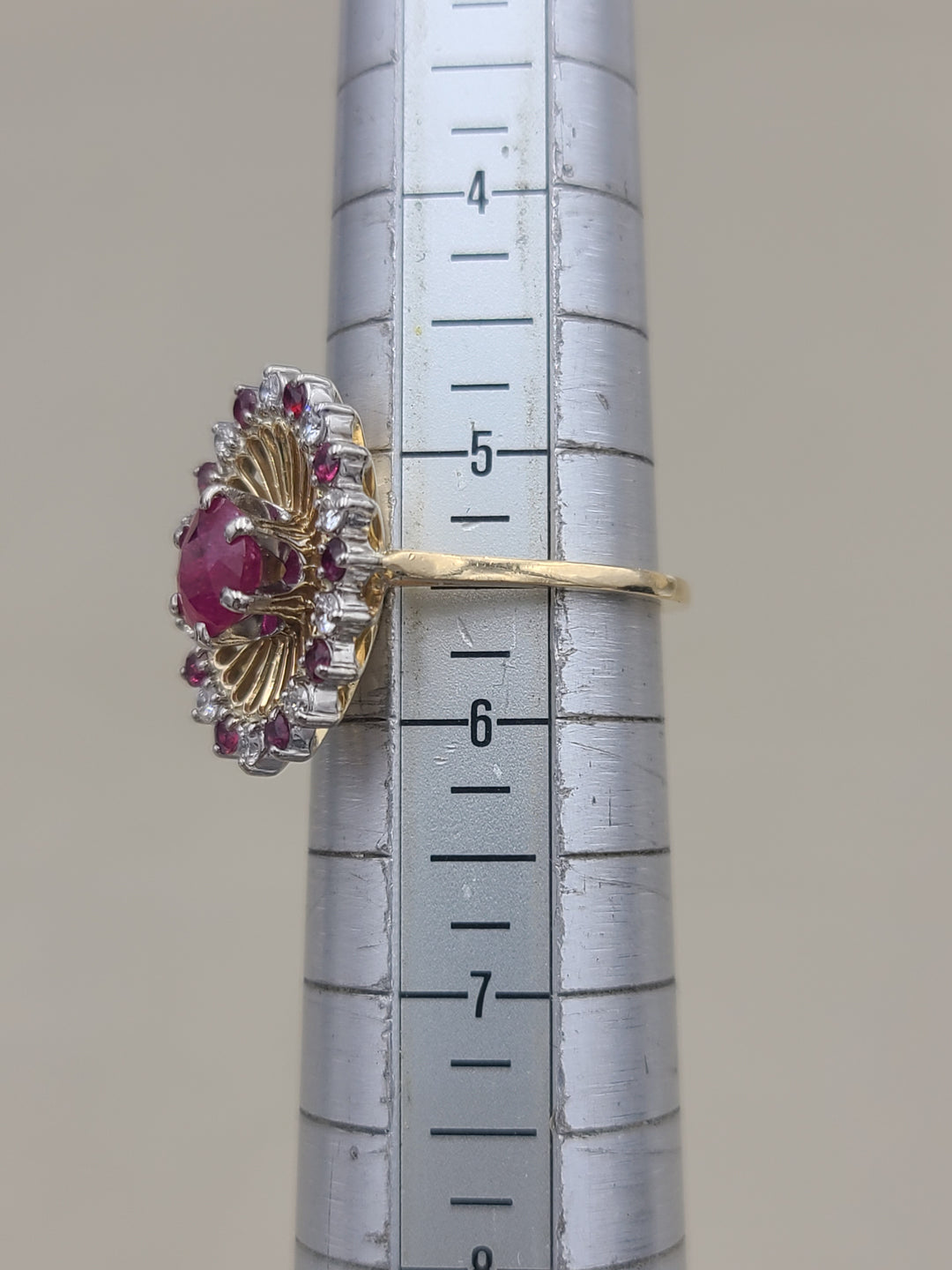 k906 Stunning 18kt Yellow Gold Ruby and Diamond Halo Style Ring