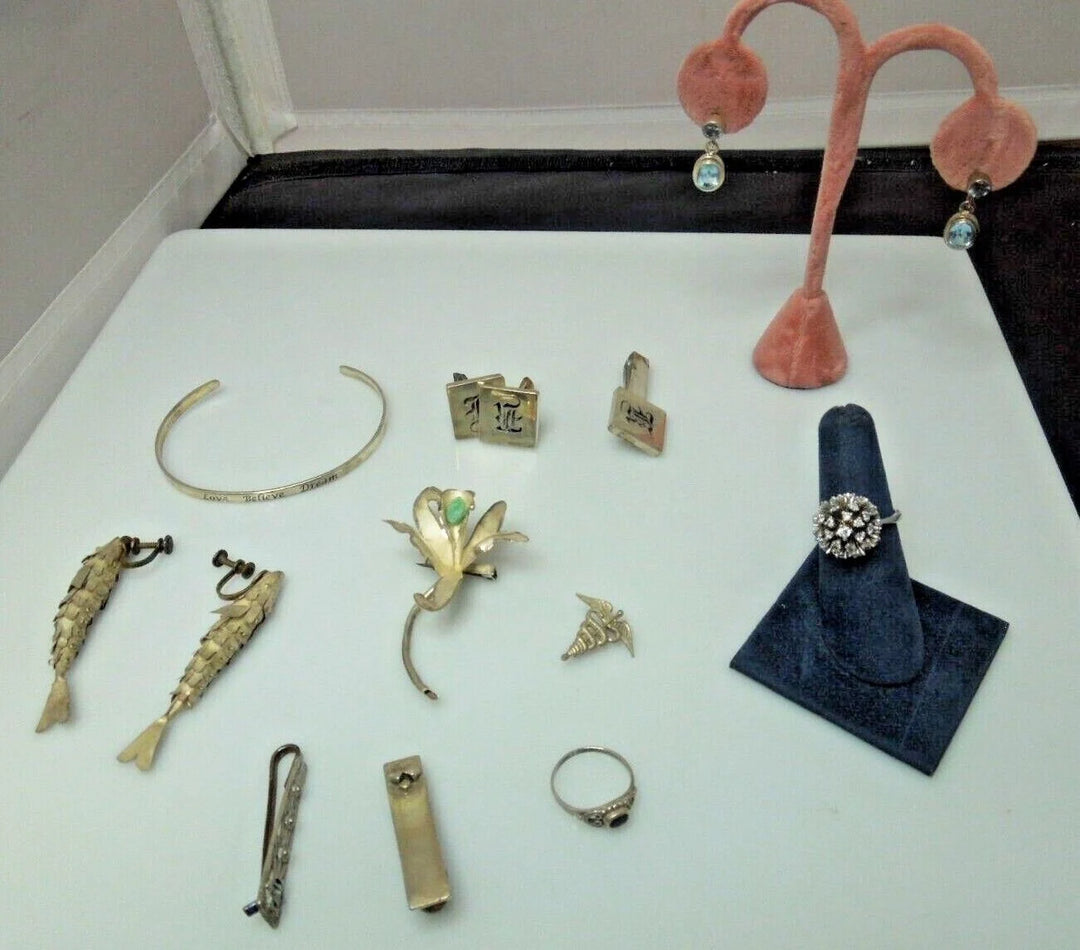 r199 Lot of 10 Sterling Silver Vintage Jewelry Earrings,Rings,Brooches,Cufflinks Tie Pins,Sterling Silver Bracelet all are signed