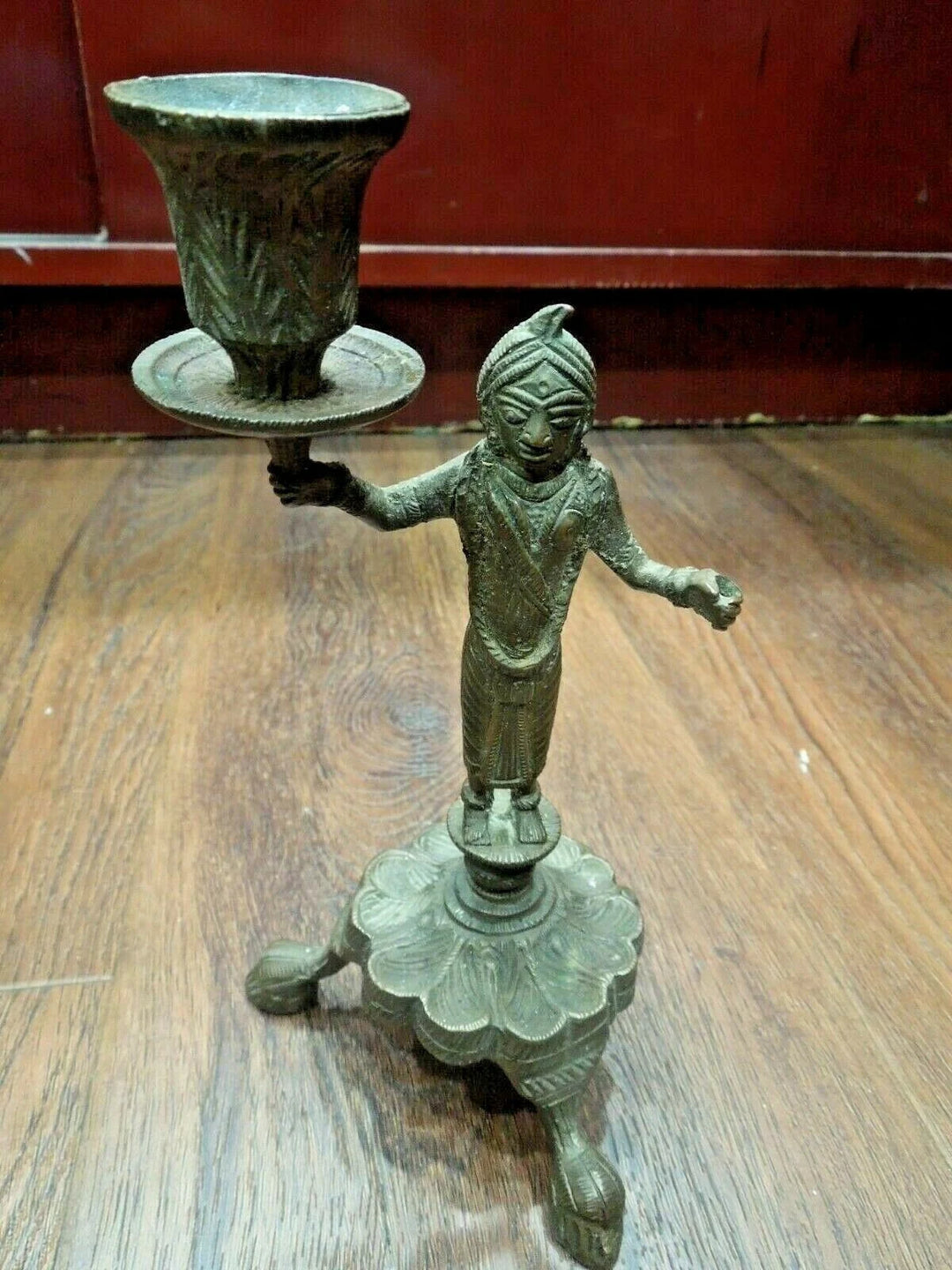 r141 Antique Indian Lady figural brass candle-holder