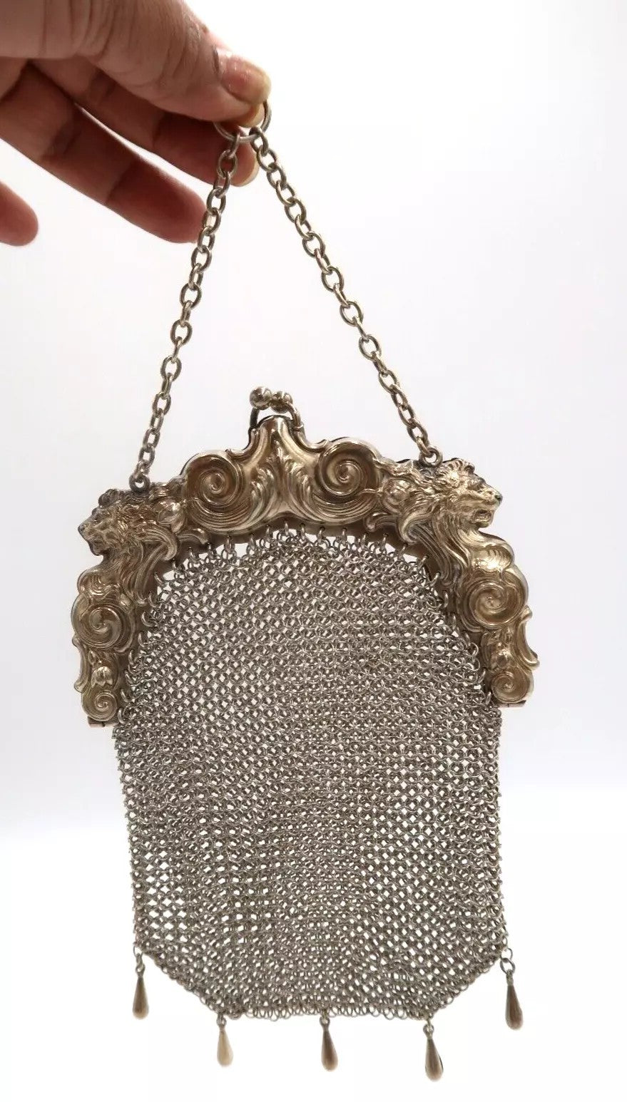 t328 Vintage Sterling Silver W&L Metal Handbag, Silver Chainmaille Handheld Wris