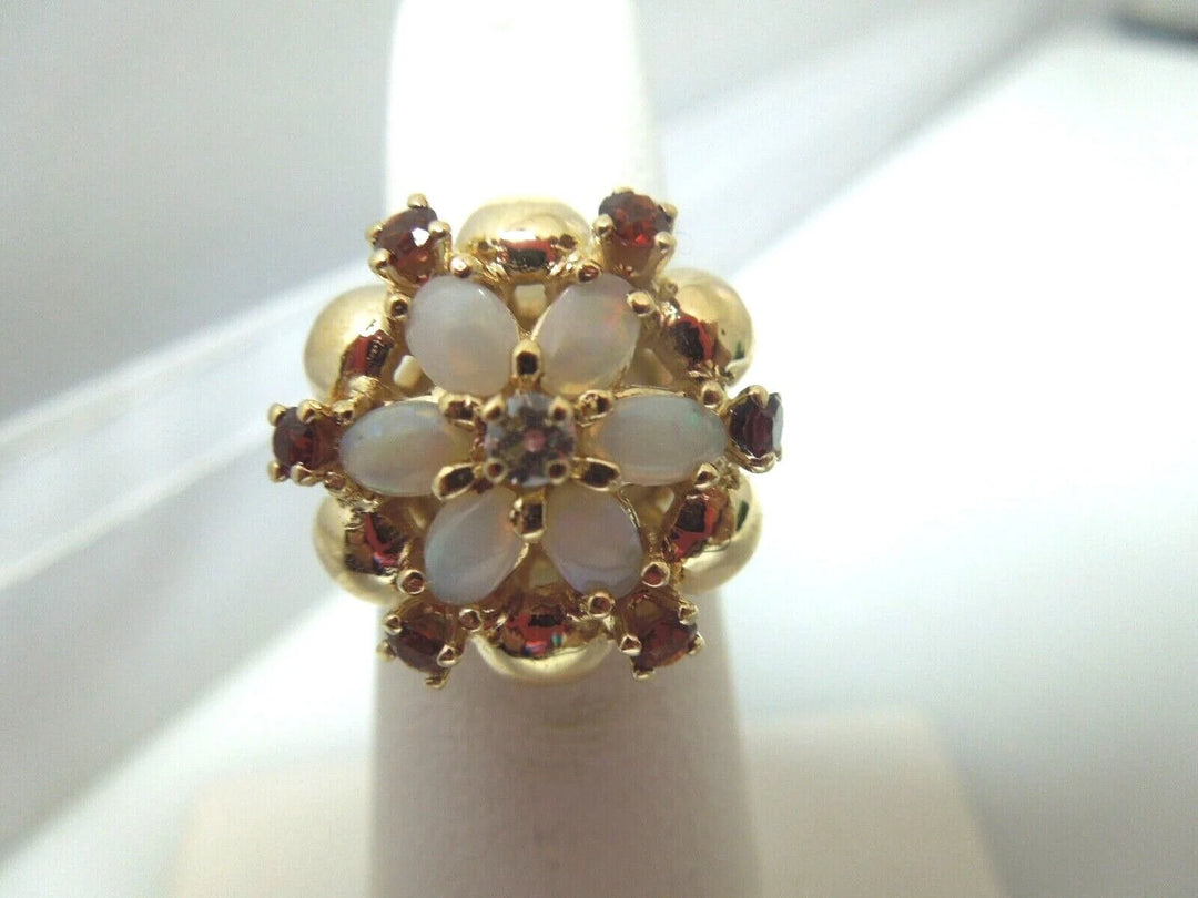 r173 14kt Yellow Gold Diamond Opal Garnet Tri Gemstone Ring Size 5(USA) 6.4g Signed