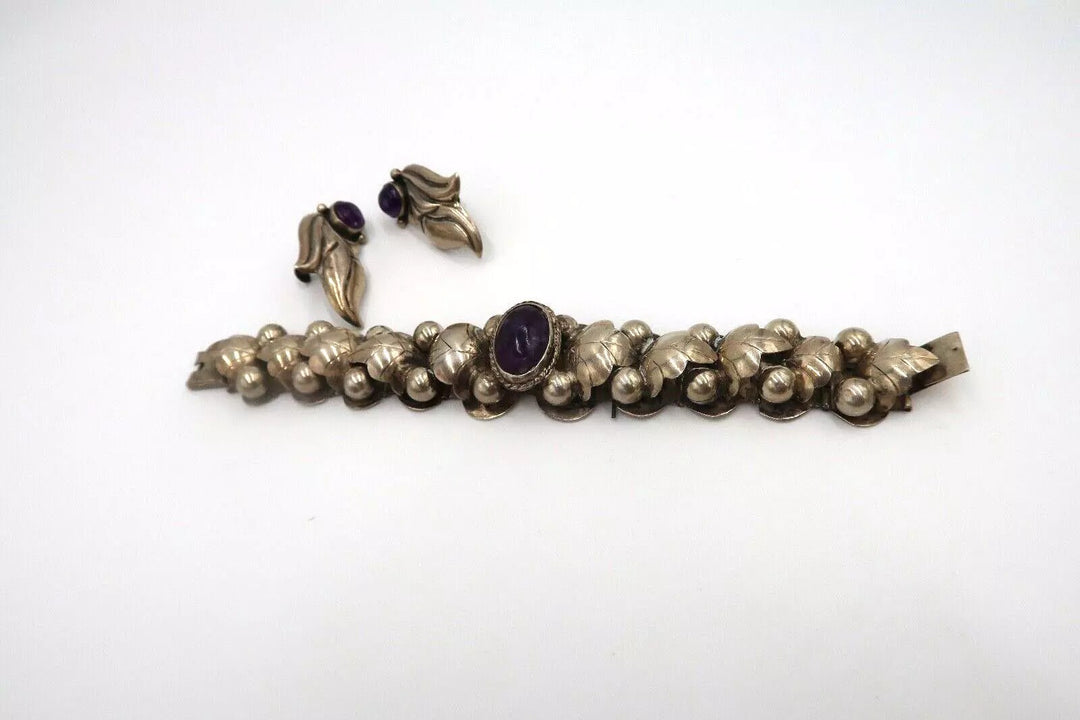 t418 Vintage Mexican Silver and Amethyst Link Bracelet and Earring