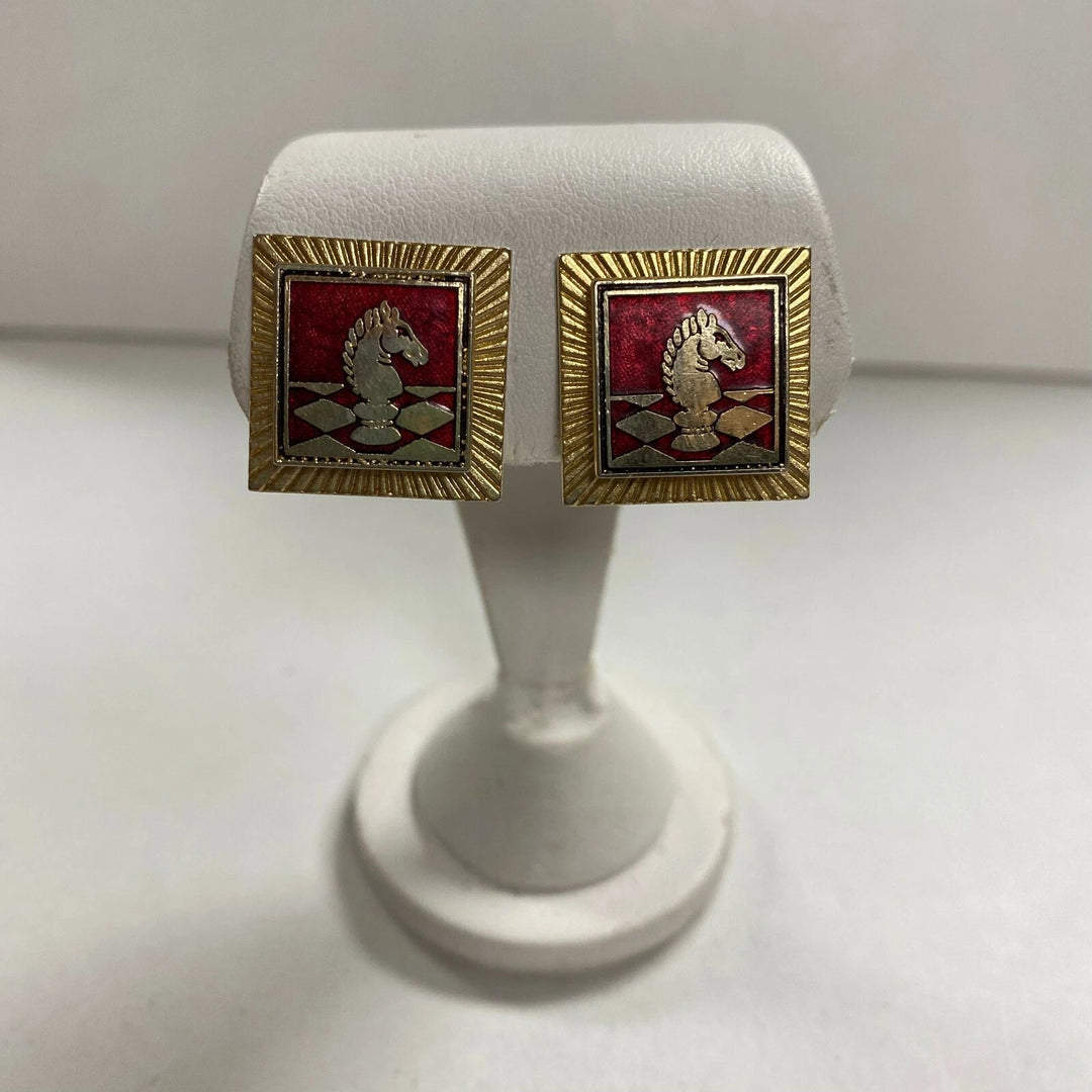 m477 Vintage Gold Filled Square Chess Knight Clip-on Earrings