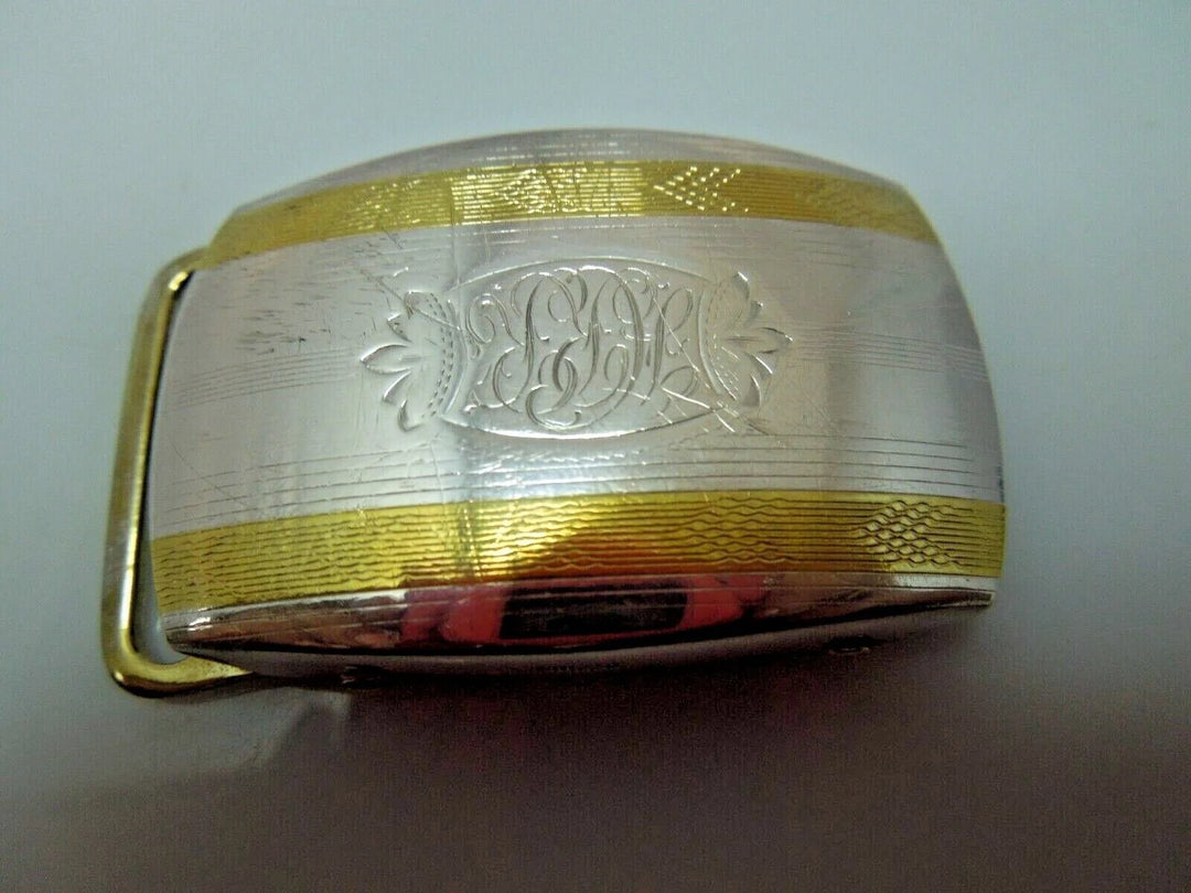 r200 LM Co. 1920 Antique Vintage Sterling Silver and 22K Gold Engraved Belt Buckle For 1” Belt