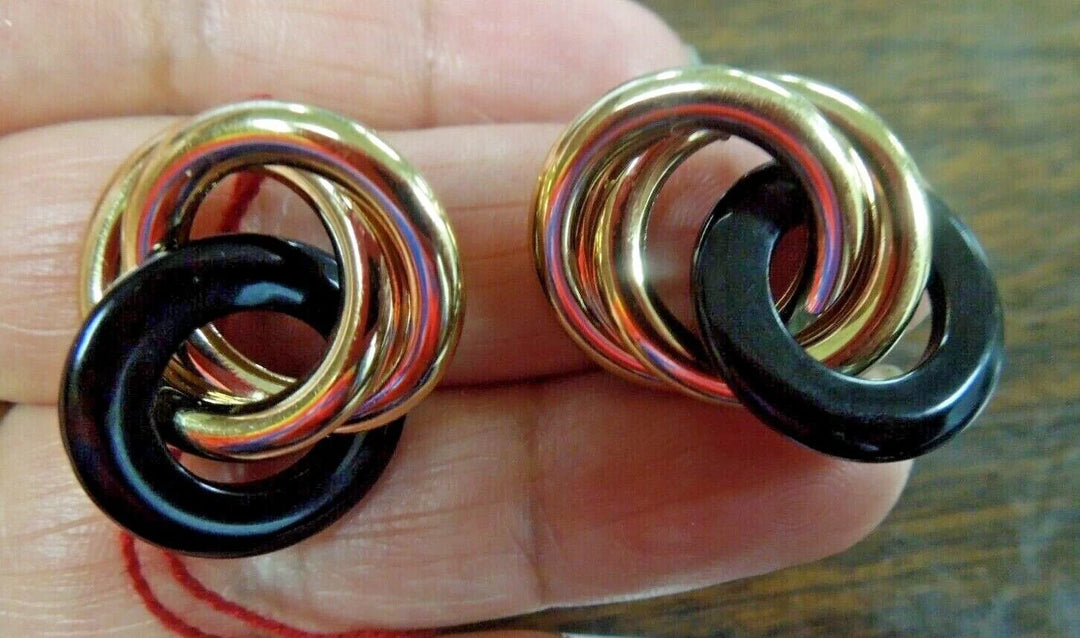 r175 14kt Yellow Gold Onyx Round Hoop Earrings Signed 6.3g