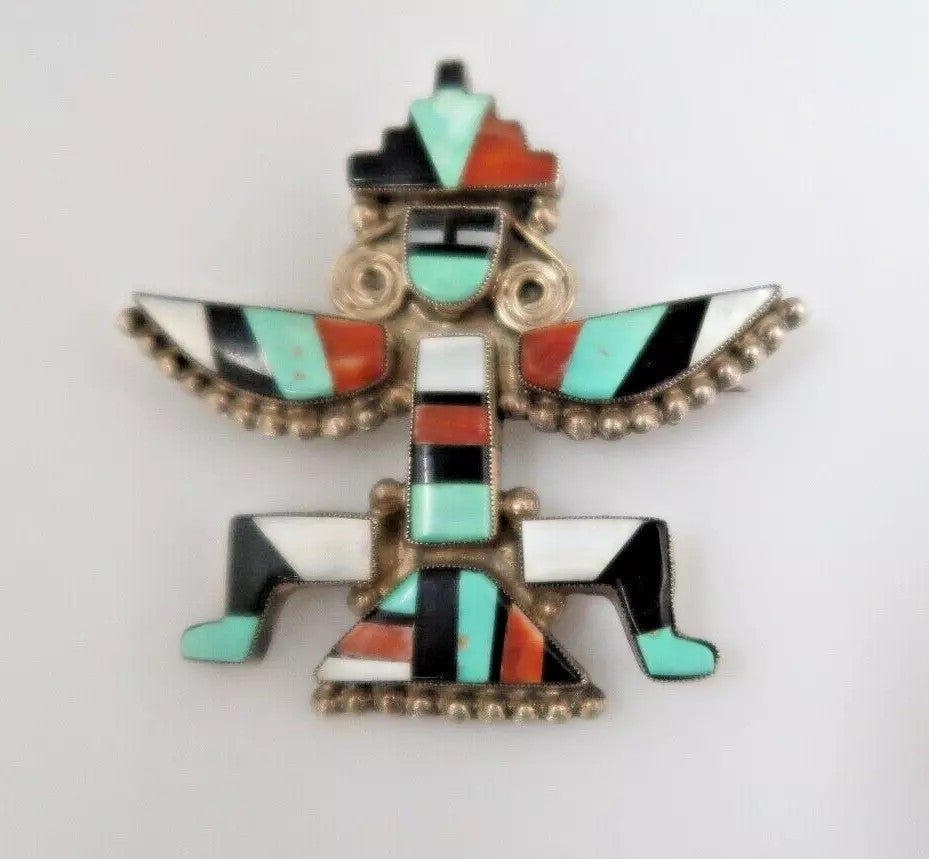 t523 Wonderful Native American Zuni Sterling Silver, Inlaid Turquoise Brooch