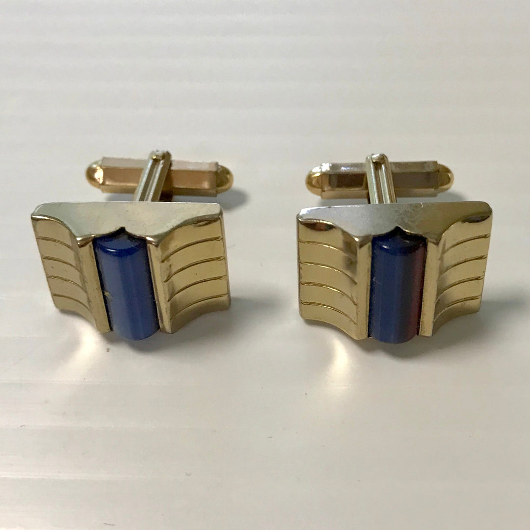 f260 Vintage Gold Tone Blue Stone Men's Cuff Links