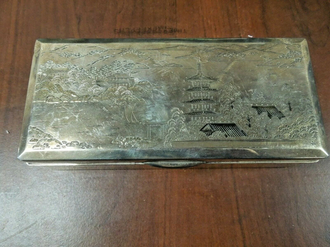 r137 Antique Sterling Silver 970 Trinket Box Etched Chinese Pagoda Signed