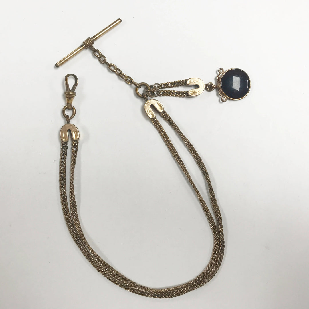 e505 Antique Gold Filled Vest Pocket Watch Chain Gold Tone Carved Pendant 13.5"