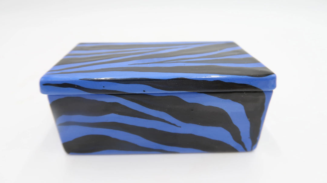 t492 Blue and Black Zebra Art Porcelain Trinket box with lid