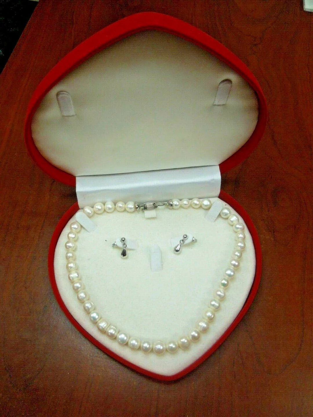 r150 Beautiful Pearl Necklace with Silvertone Earrings Comes with Red Heart Shaped Gift Box