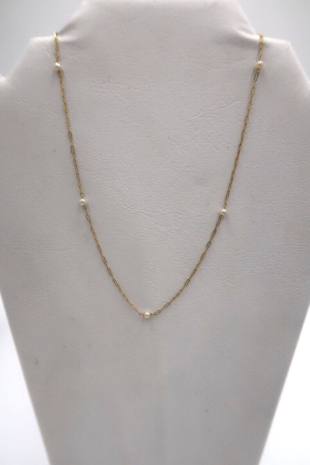 t338 14k Yellow Gold 16" Crinkle Pearl Chain, Minimal & Chic Tiny Freshwater Pearl Necklace.