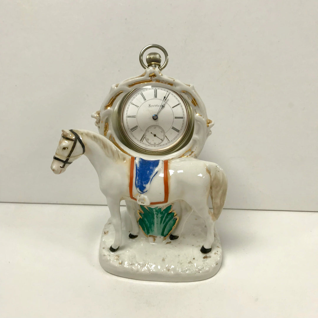 f281 Vintage Ceramic Pocket Watch Holder Stand Case Collectible Horse