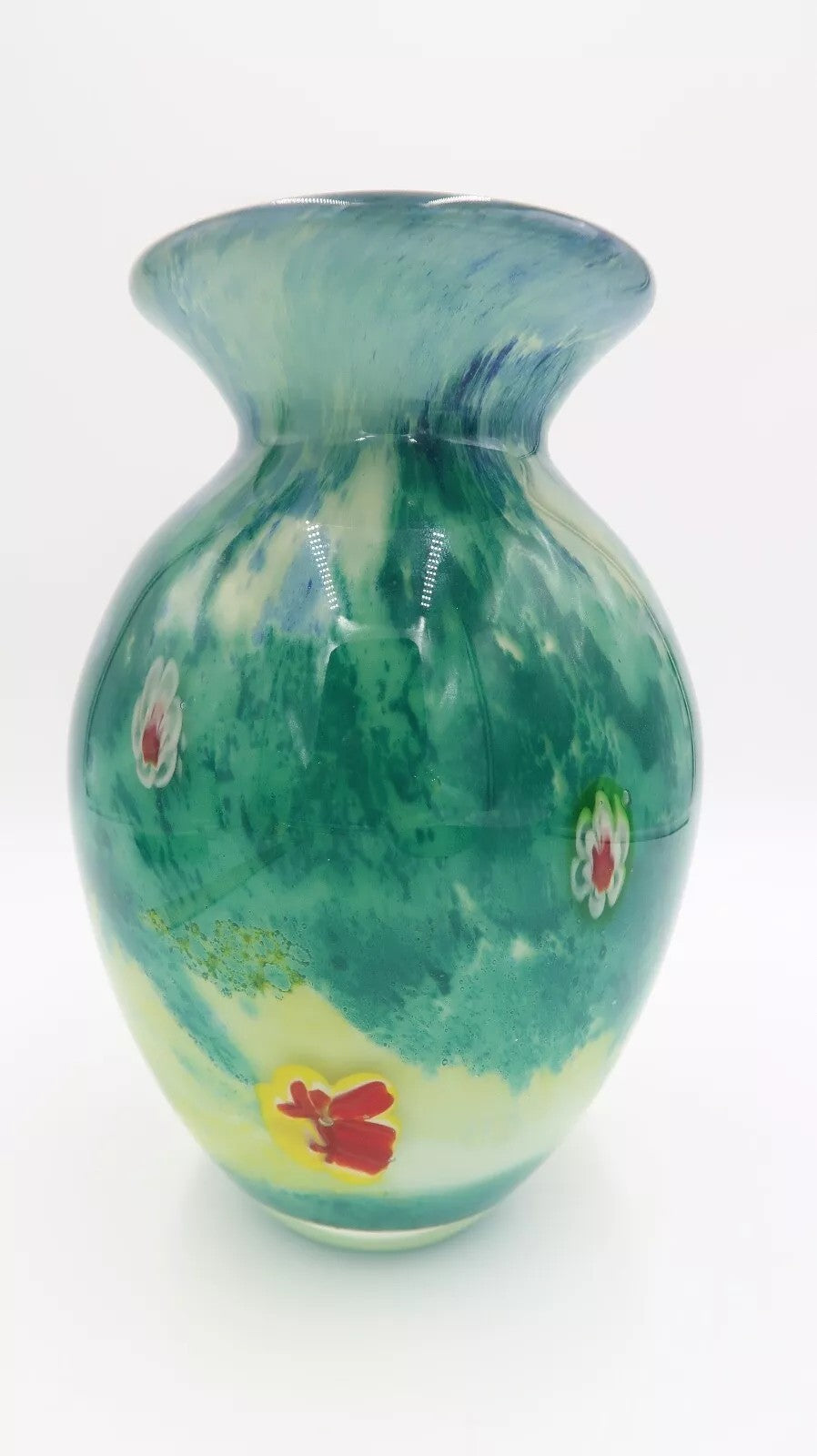 t473 Gorgeous Design China Pretty Colorful Green Blue Vase Heavy 8 1/2" tall