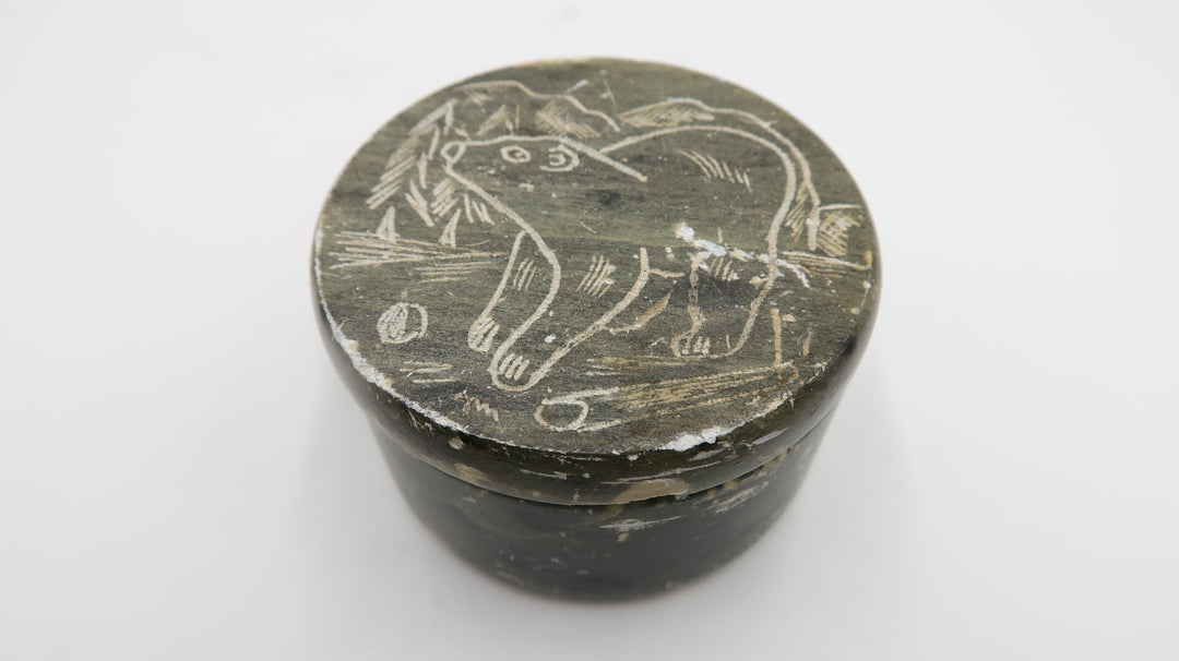 t495 Vintage Soapstone lidded Hand carved Bear Trinket Box