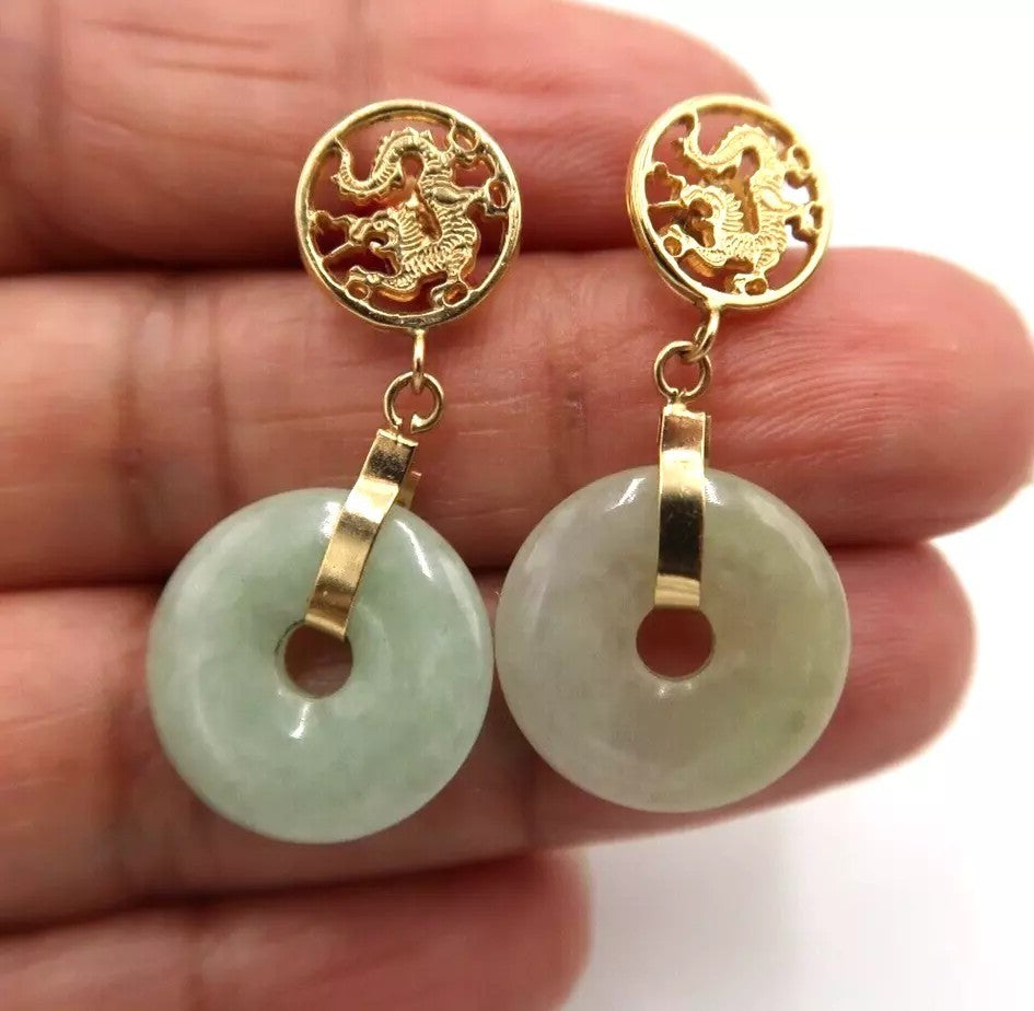 t386 14K Yellow Gold Carved Bi-Disc Green Jade Vintage Dangle Earrings Blessing