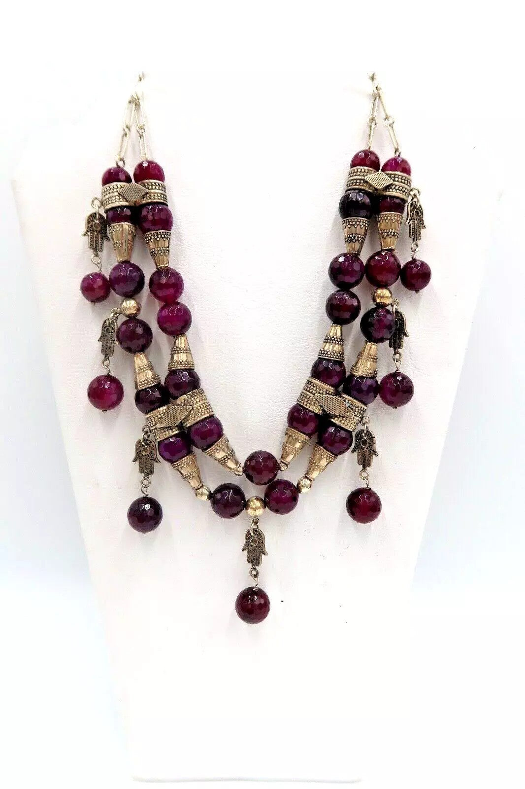 t321 Double Stranded Necklace of Faceted Amethyst Nuggets Sterling Silver Hamsa