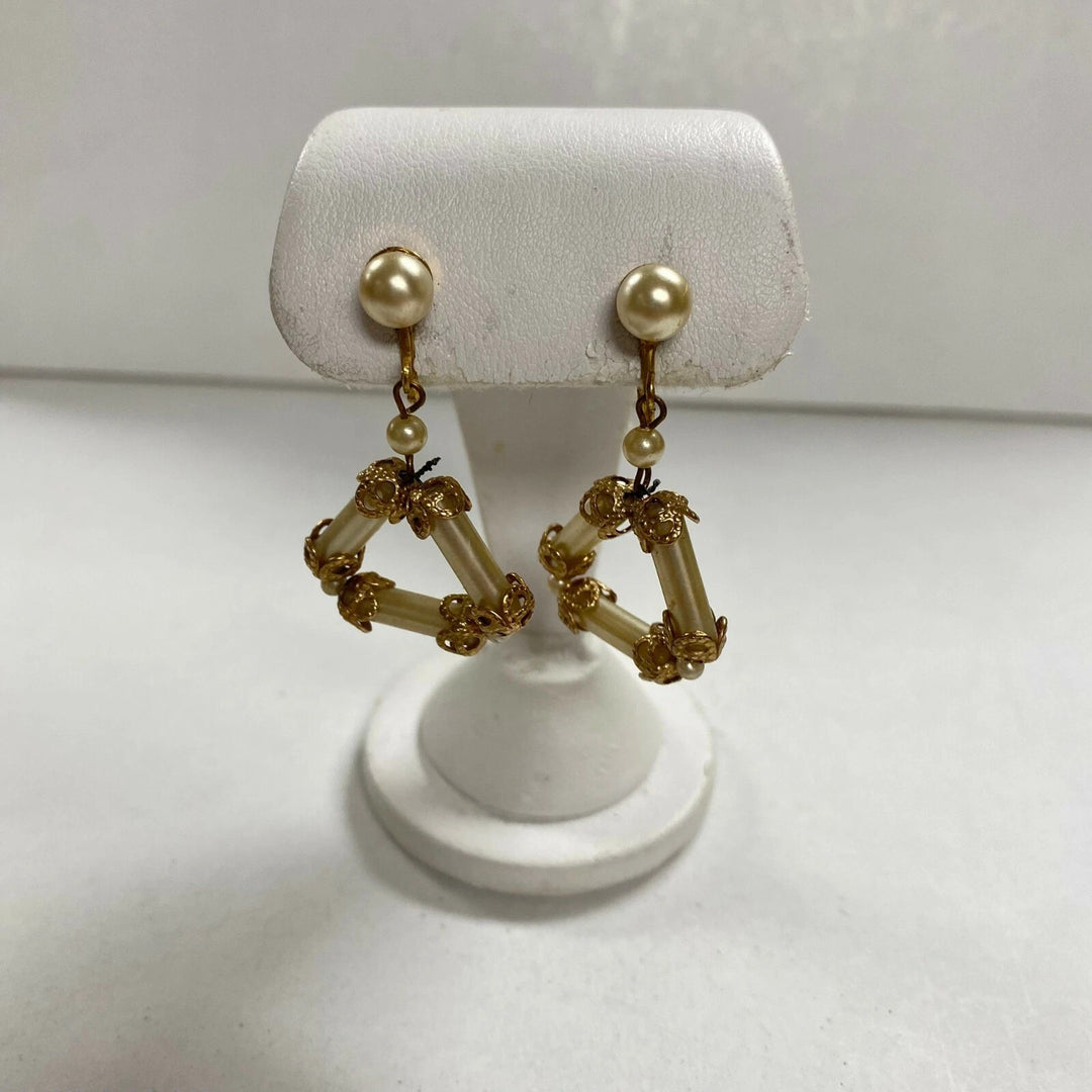 m478 Vintage Gold Filled Filigree Pearls Clip on Dangling Earrings