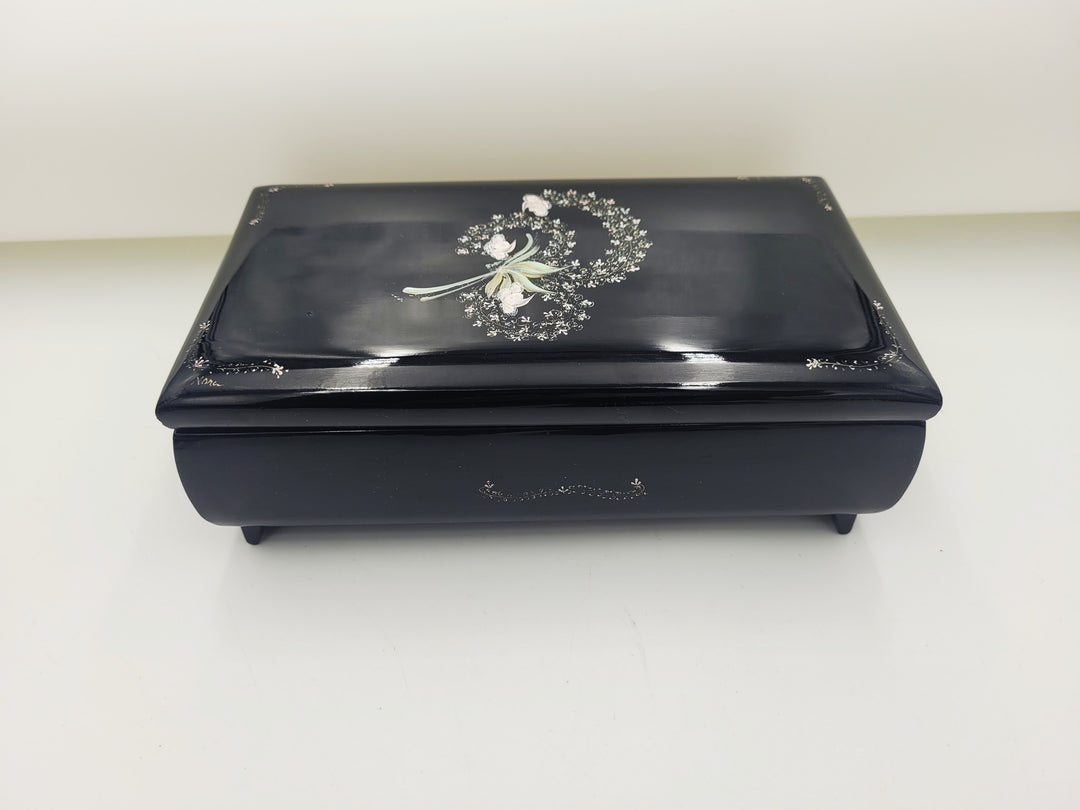 p503 Sankyo Wood Musical Jewelry Box in Black Lacquer Painted Flowers