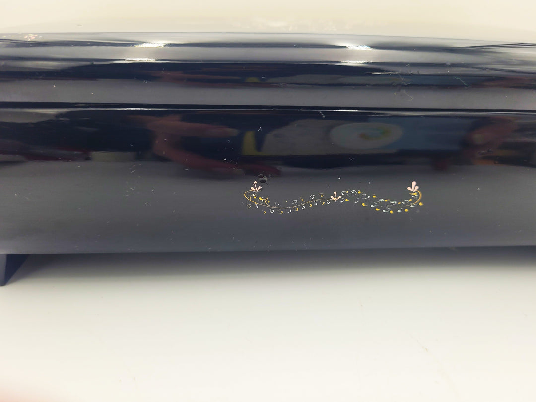 p503 Sankyo Wood Musical Jewelry Box in Black Lacquer Painted Flowers
