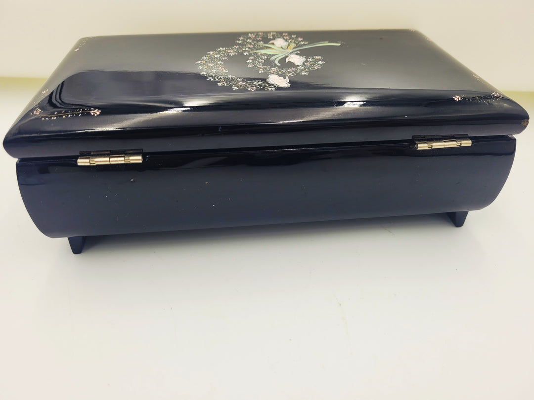 p503 Sankyo Wood Musical Jewelry Box in Black Lacquer Painted Flowers