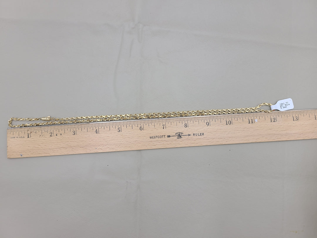 k841 Solid Unisex 14kt Yellow Gold 24" 3.5mm Rope Necklace