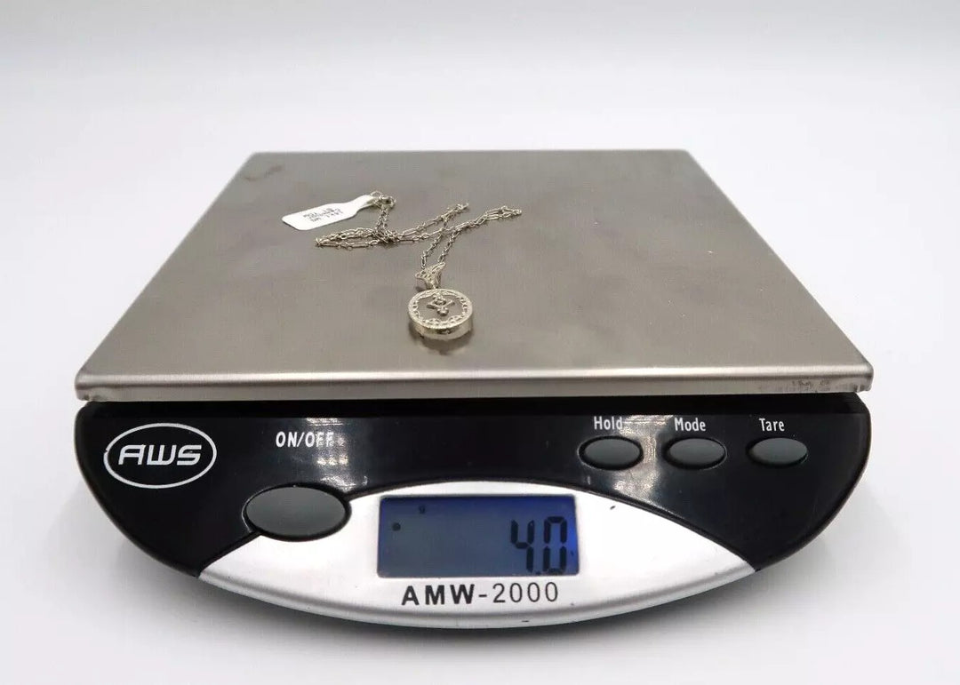 t383 Art Deco 14k White Gold Camphor Glass Diamond .01 TDW Filigree Necklace