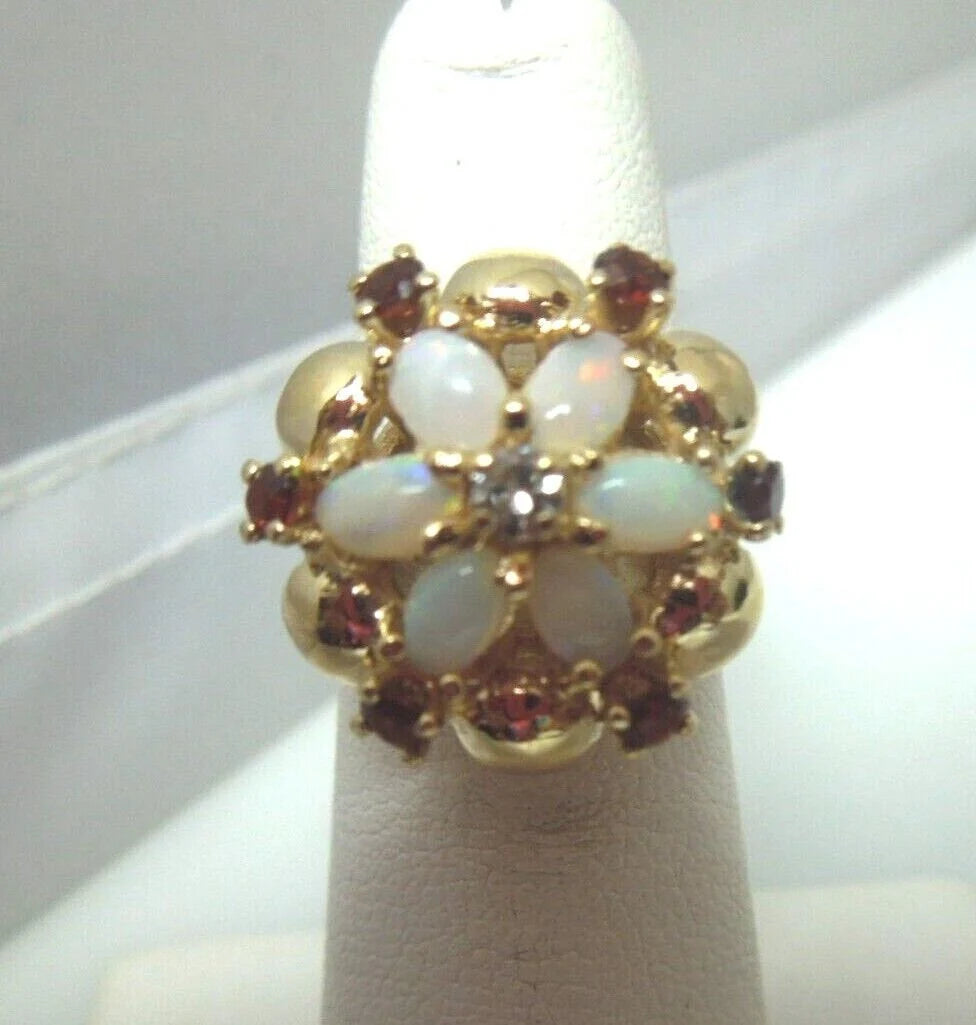 r173 14kt Yellow Gold Diamond Opal Garnet Tri Gemstone Ring Size 5(USA) 6.4g Signed
