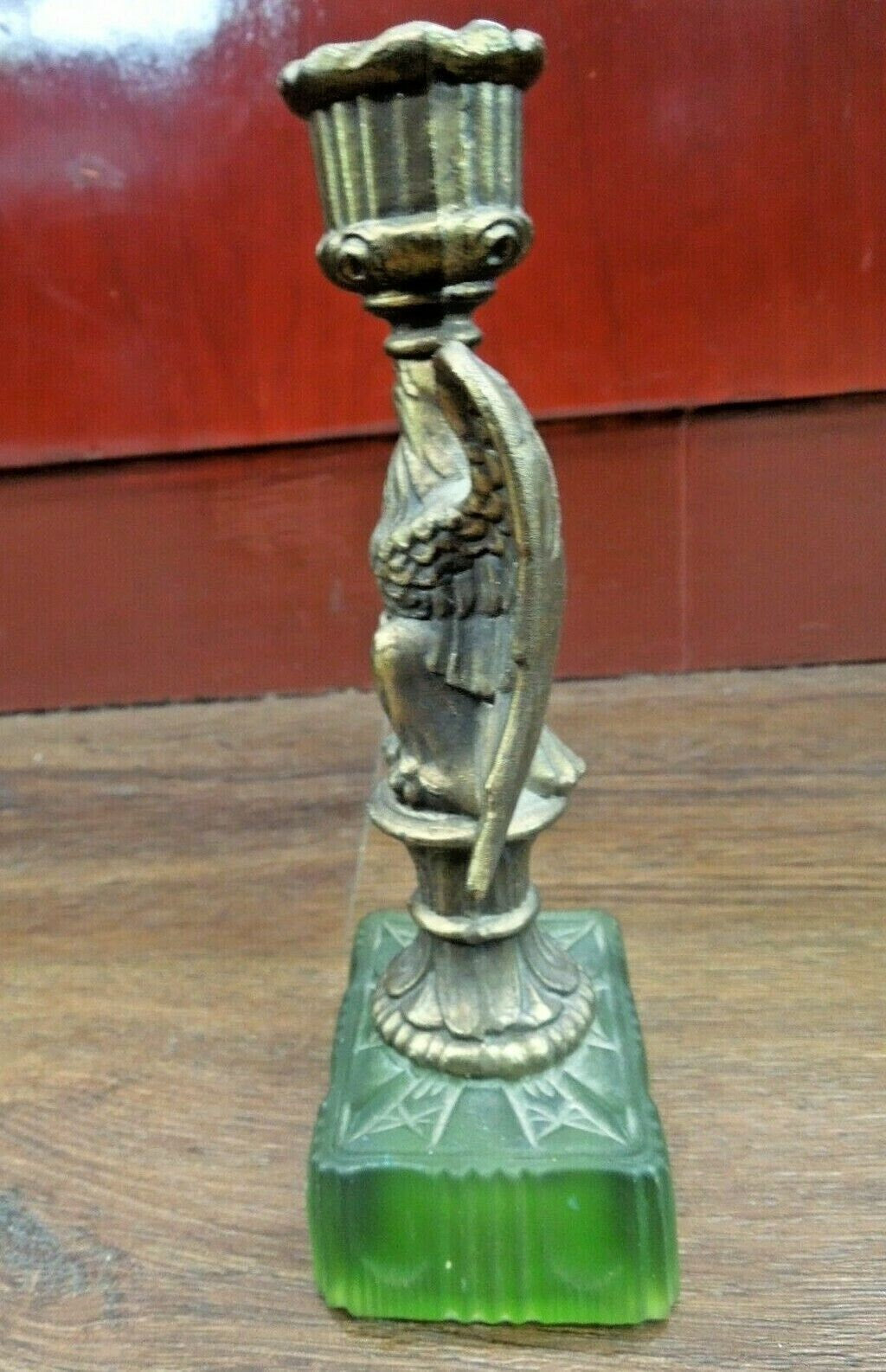 r134 Gold Gilt CAST Iron FEDERAL Eagle CANDLESTICK Holders Imperial Green Satin Glass
