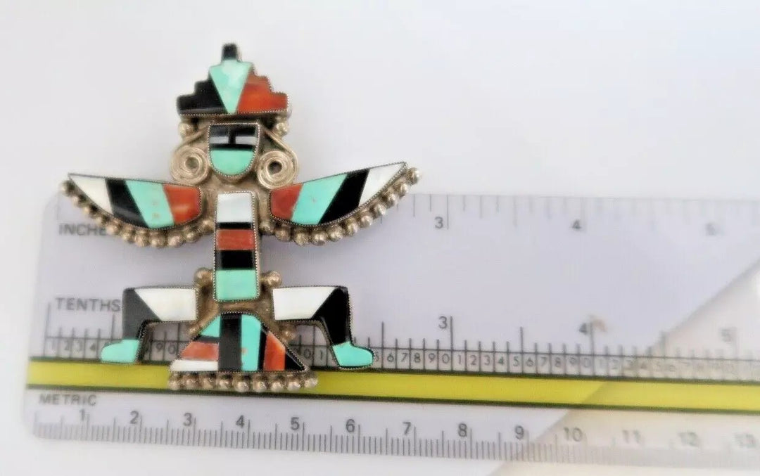 t523 Wonderful Native American Zuni Sterling Silver, Inlaid Turquoise Brooch