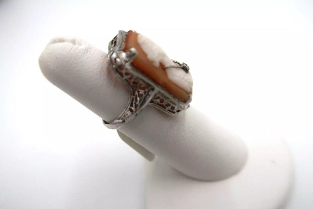 t287 Vintage 14k White Gold Filigree Diamond Cameo Ring Size 4.5 Pretty Lady