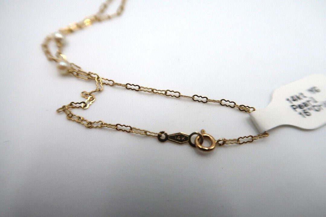 t338 14k Yellow Gold 16" Crinkle Pearl Chain, Minimal & Chic Tiny Freshwater Pearl Necklace.