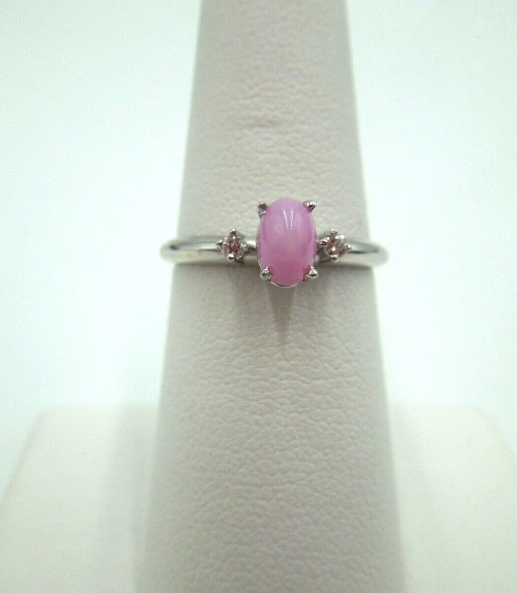 t243 10kt White Gold Pink Star Sapphire Diamond Chip Ring Size 6 1/2(US) Signed,10kt White Gold Ring