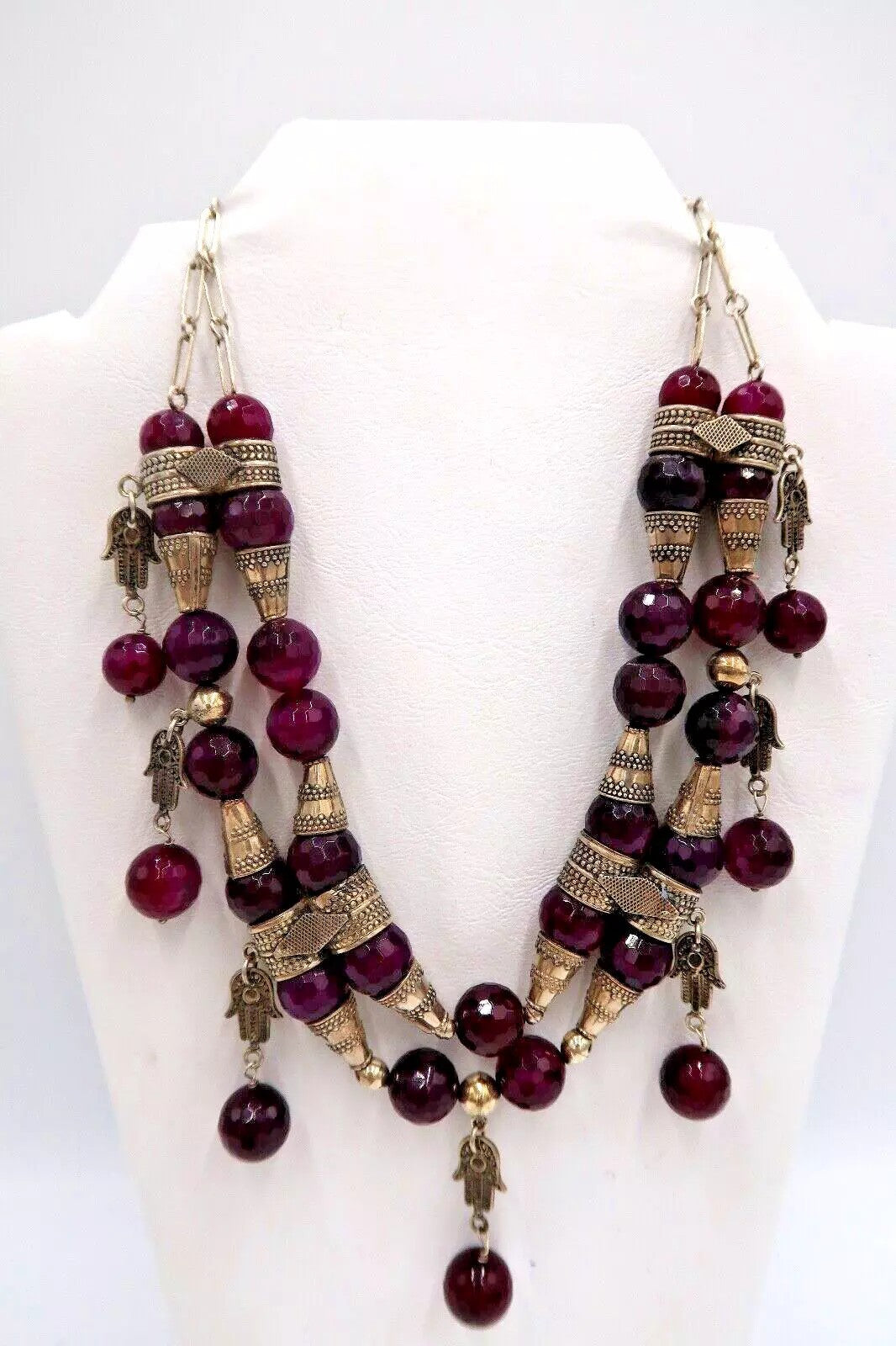 t321 Double Stranded Necklace of Faceted Amethyst Nuggets Sterling Silver Hamsa