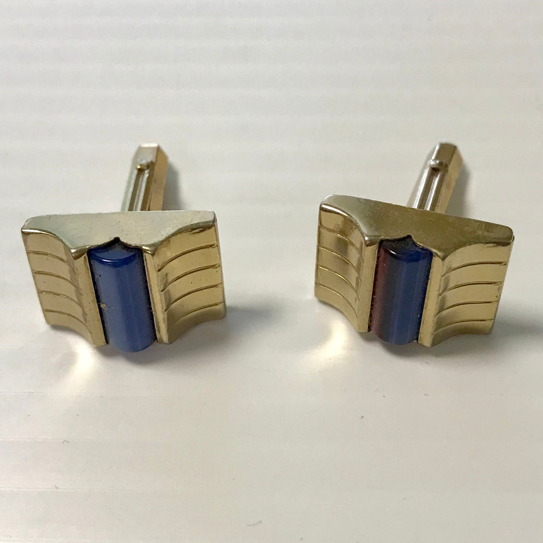 f260 Vintage Gold Tone Blue Stone Men's Cuff Links