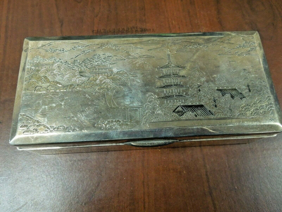 r137 Antique Sterling Silver 970 Trinket Box Etched Chinese Pagoda Signed