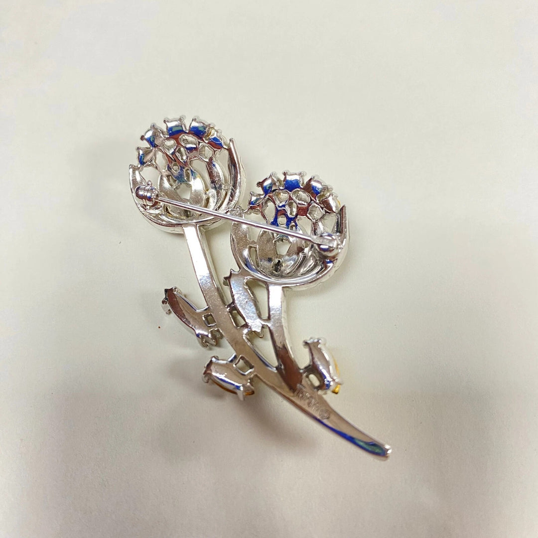 u364 Vintage TRIFARI Crown Floral Brooch Pin Silver Tone Clear Stones