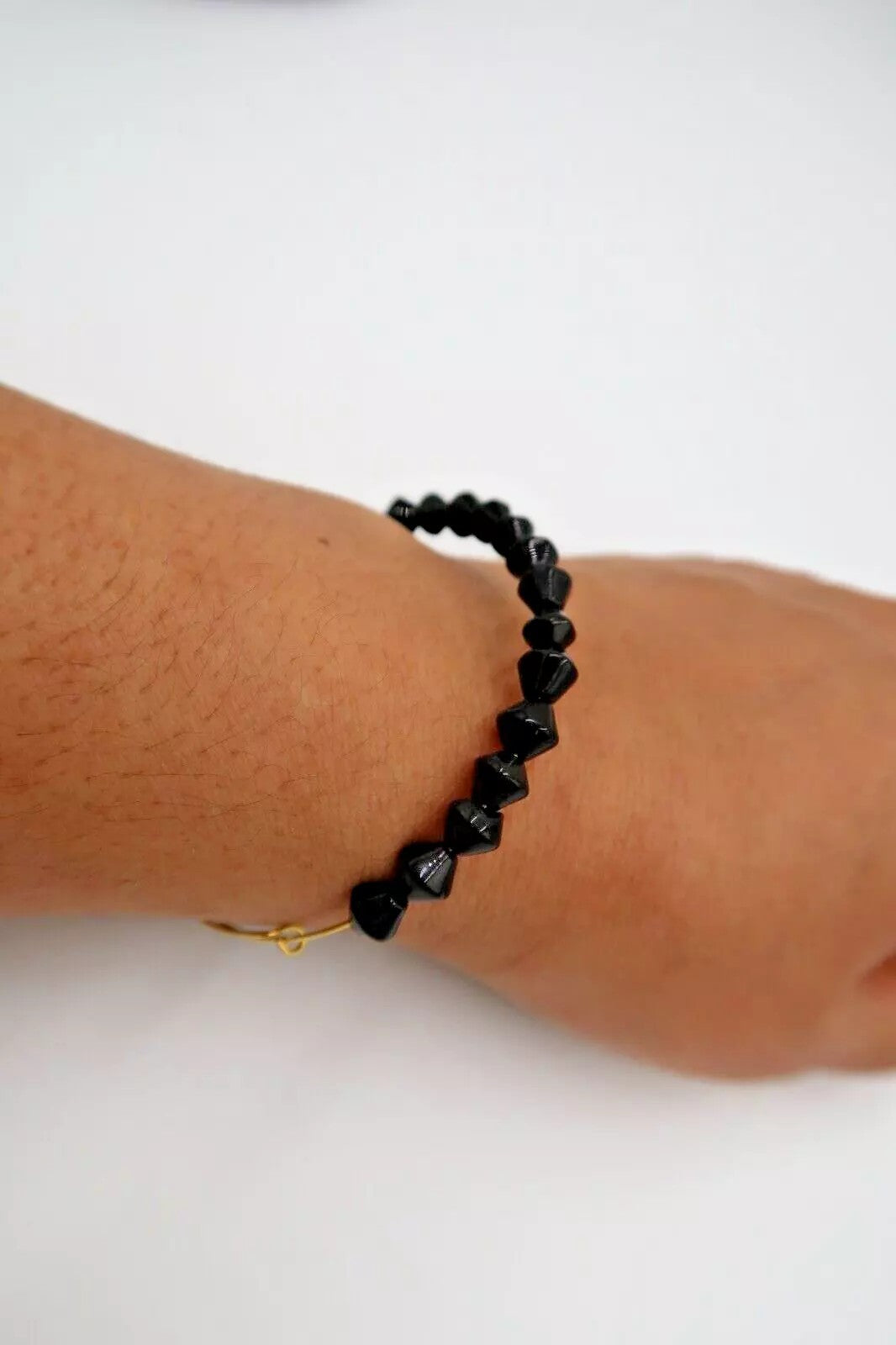 t301 Gold tone Wire with black beads Bracelet, Everyday Bracelet Bangle
